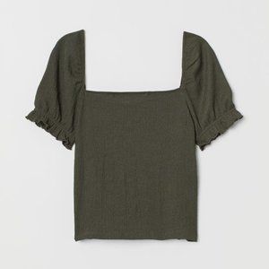 H&M Dark Khaki Green Puff-sleeved Top